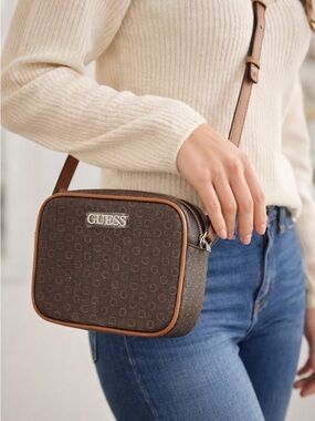 GUESS Brown Monogram Crossbody with Tan Trim